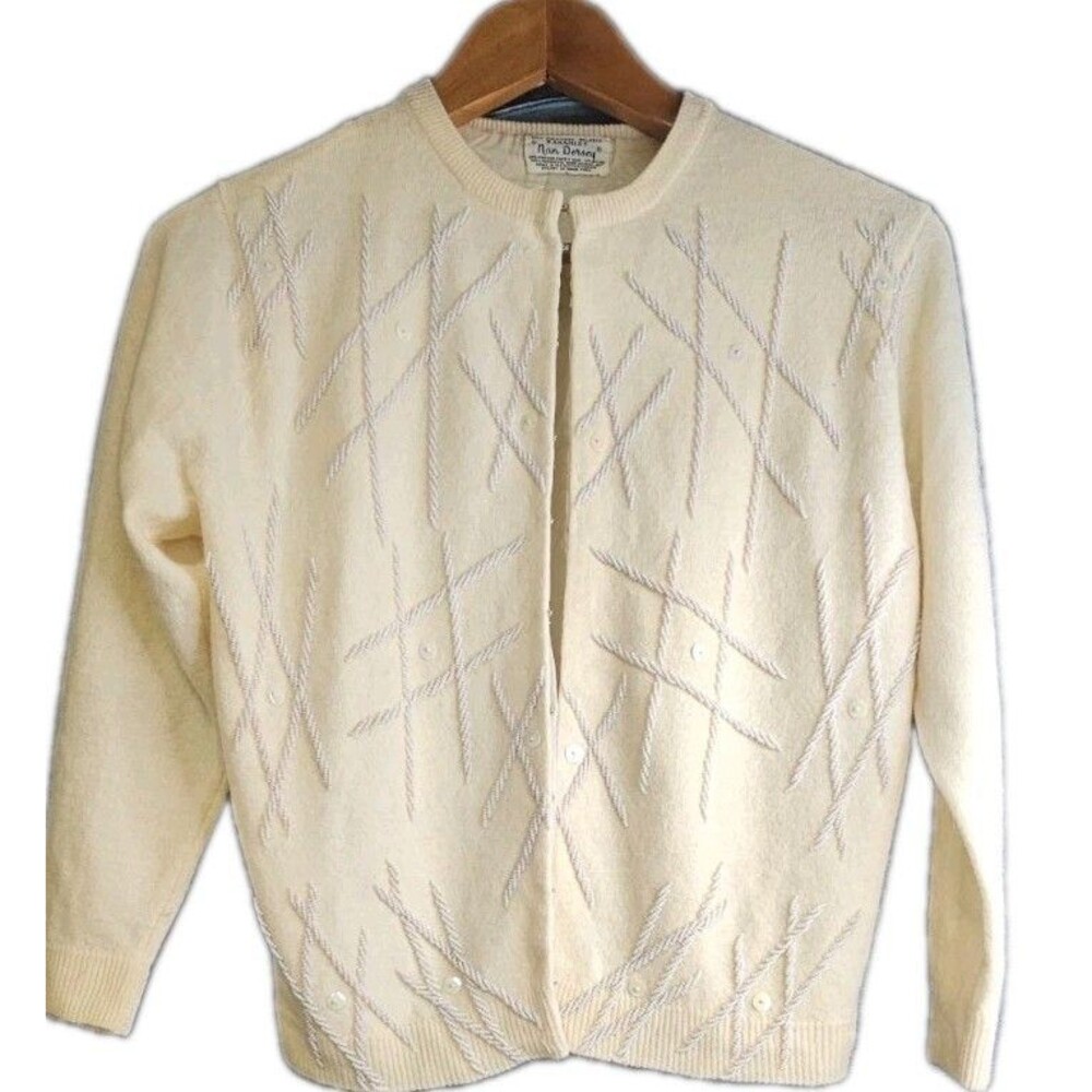 Vintage Nan Dorsey Angora Lambswool Beaded Cardigan Sweater Ivory Hong Kong